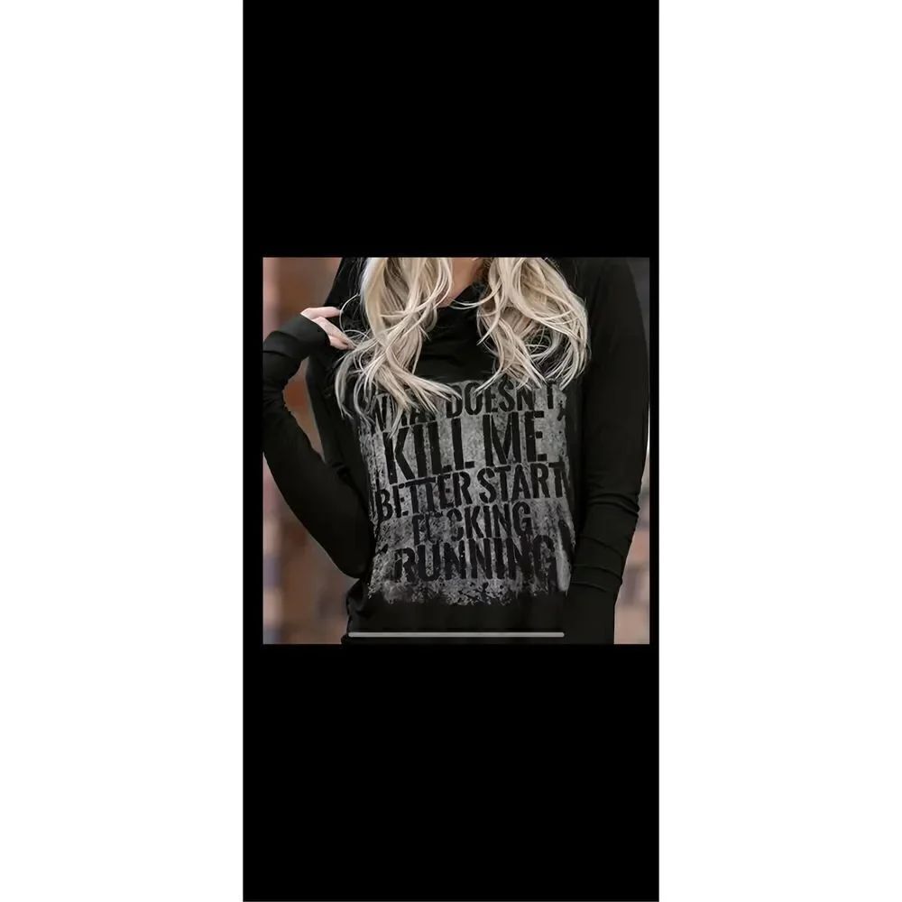 Black hoodie with hillarious writing , drawstring hood & light weight . Tag say